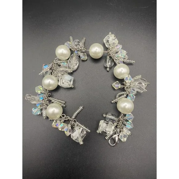 Faux White Pearl Bracelet AB Crystal Silver Tone Bridal Prom Pageant Fits 6.5" - Picture 6 of 8